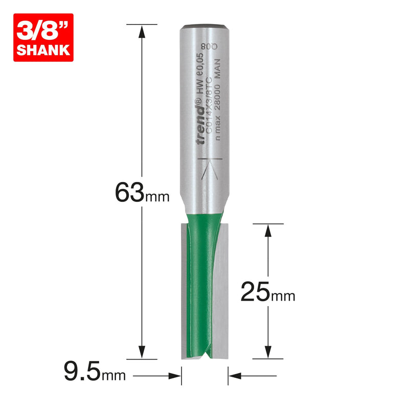 C014X3/8TC - Trend CraftPro 3/8in Shank Two Flute Straight Router Cutter Bit 9.5mm dia x 25mm cut depth