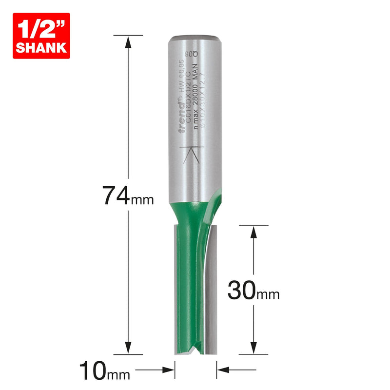 C016DX1/2TC - Trend CraftPro 1/2in Shank Two Flute Straight Router Cutter Bit 10mm dia x 30mm cut depth