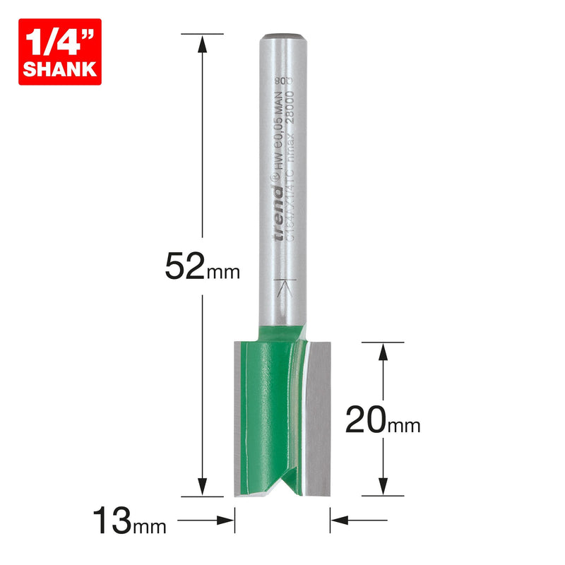 C164AX1/4TC - Trend CraftPro 1/4in Two Flute Straight Router Cutter Bit 13 dia x 20mm cut depth