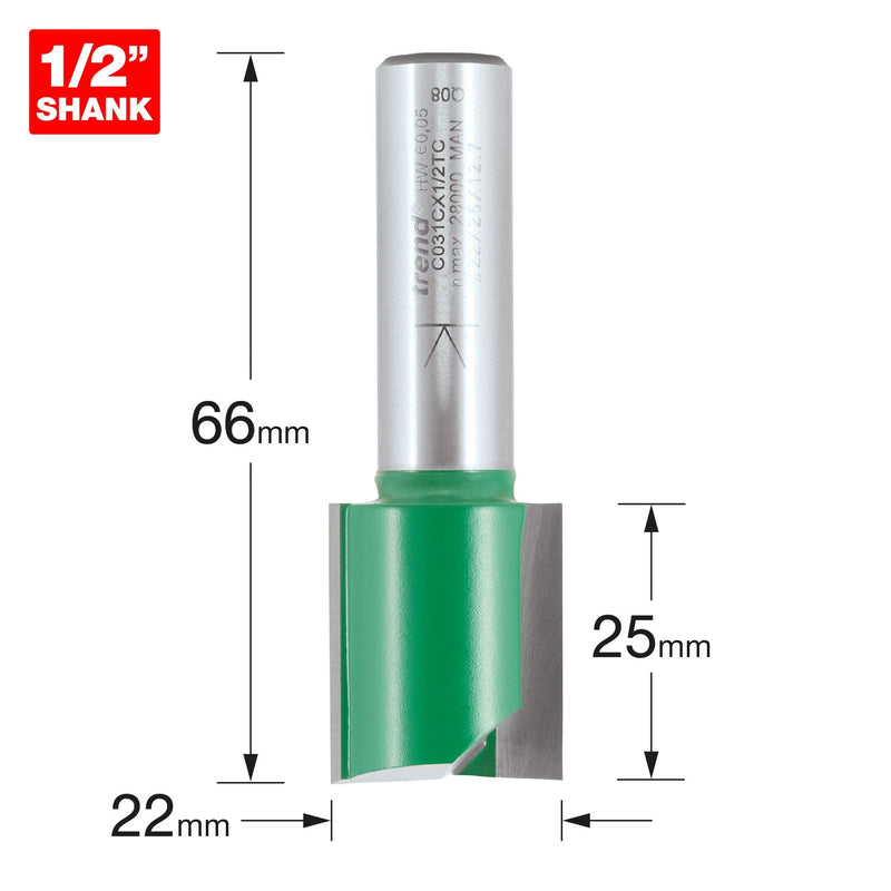 C031CX1/2TC - Trend CraftPro 1/2in Shank Two Flute Straight Router Cutter Bit 22mm dia x 25mm cut depth
