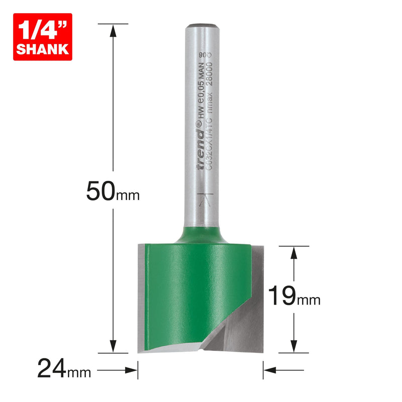 C032CX1/4TC - Trend CraftPro 1/4in Shank Two Flute Straight Router Cutter Bit 24mm dia x 19mm cut depth