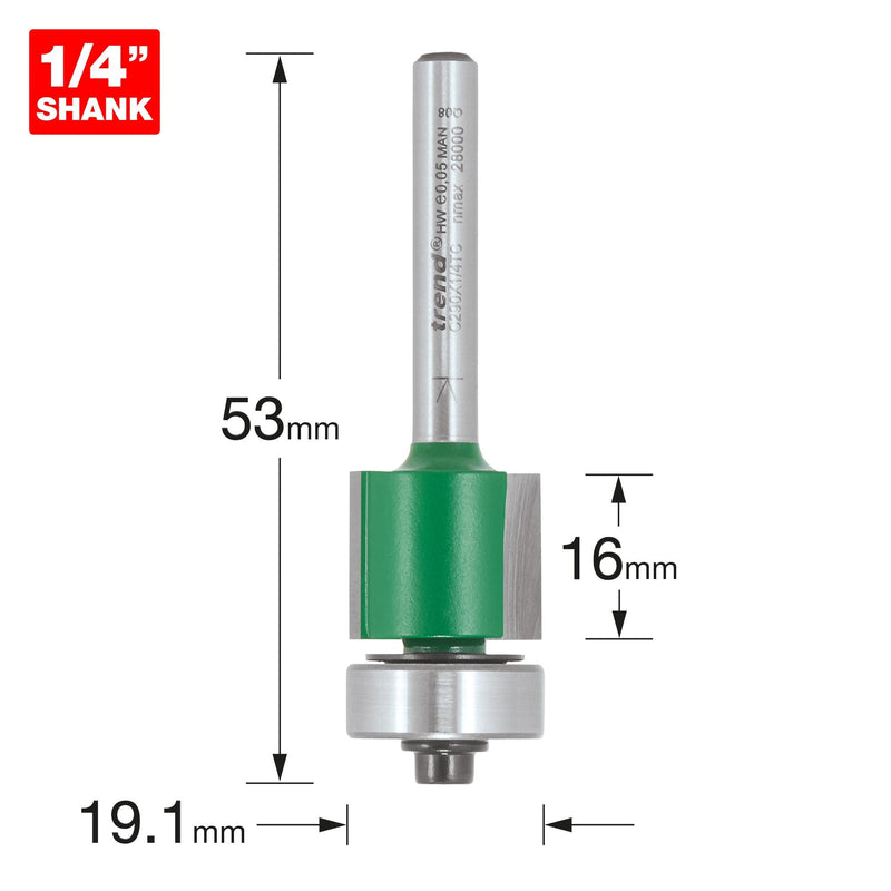 C290X1/4TC - Trend CraftPro 1/4in  Low Profile Bearing Guided Trimmer 19.1 dia x 16mm cut depth