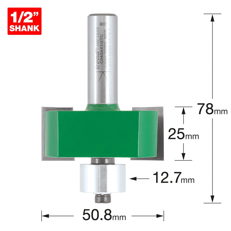C040AX1/2TC - Trend CraftPro 1/2in Bearing Guide Large Rebater Bit 50.8mm dia x 22.5mm cut depth