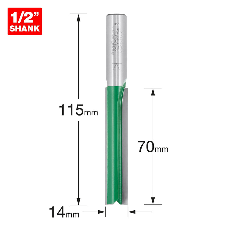 C023DX1/2TC - Trend CraftPro 1/2in Shank Two Flute Straight Router Cutter Bit 14mm dia x 70mm cut depth