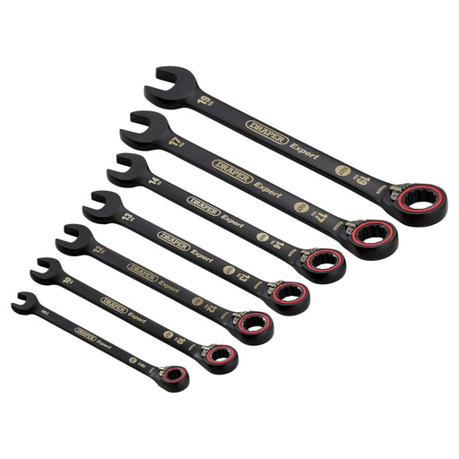 Draper 03911 Draper Expert HI-TORQ®  Metric Reversible Ratchet Combination Spanner Set, Black (7 Piece)