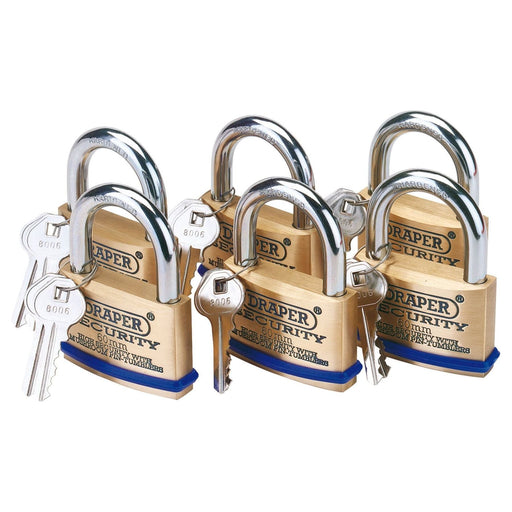 Draper 67663 Solid Brass Padlocks with Hardened Steel Shackle, 60mm (Pack of 6)