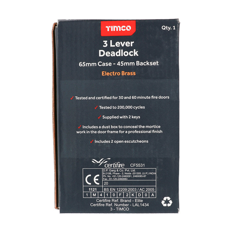 TIMCO 3 Lever Deadlock Satin Nickel - 65mm