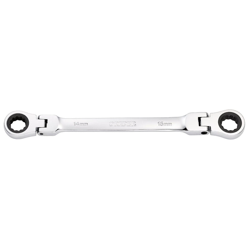 Draper HI-TORQ Metric Flexible Head Double Ring Ratchet Spanner, 14 x 15mm Draper - Town Tools