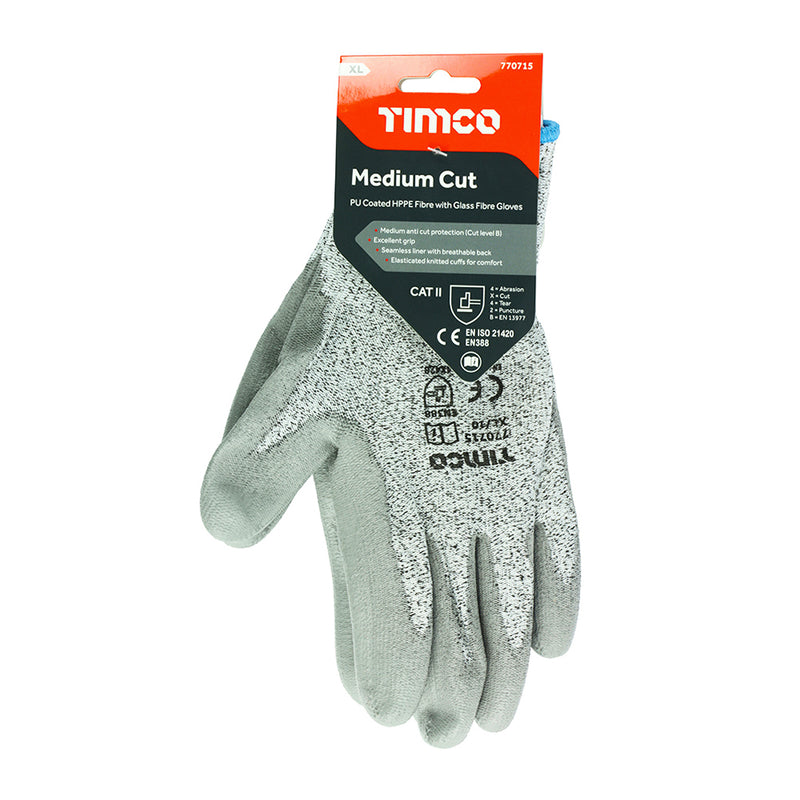 TIMCO Medium Cut PU Coated HPPE Fibre with Glass Fibre Gloves - Large