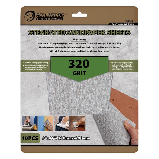 Draper 09655 ROLLINGDOG Stearated Sanding Sheets, 230 x 280mm, 320 Grit (Pack of 10)