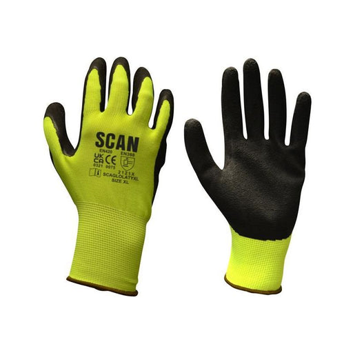 Scan Hi-Vis Yellow Foam Latex Coated Gloves - L (Size 9) Scan - RockBottom Nothampton