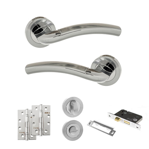 Eco Crest Door Handle Pack (Bathroom Set - 2.5" CE Bathroom Lock, 4" Slim Knuckle Hinges x2) - Satin Chrome/Polished Chrome