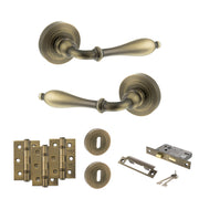Old English Wrexham Door Handle Pack (3 Lever Lock Set - 3" CE Sashlock, 3" Fire Rated Hinges x3) - Matt Antique Brass