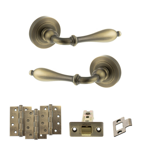 Old English Wrexham Door Handle Pack (Latch Set - 2.5" CE Latch, 4" Fire Rated Hinges x3) - Matt Antique Brass