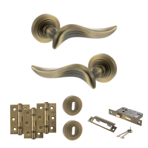 Old English Oxford Door Handle Pack (3 Lever Lock Set - 2.5" CE Sashlock, 3" Fire Rated Hinges x3) - Matt Antique Brass