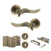 Old English Oxford Door Handle Pack (3 Lever Lock Set - 3" CE Sashlock, 4" Fire Rated Hinges x3) - Matt Antique Brass