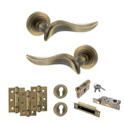 Old English Oxford Door Handle Pack (Euro Lock Set - 3" CE Sashlock, 3" Fire Rated Hinges x3) - Matt Antique Brass