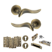 Old English Oxford Door Handle Pack (Euro Lock Set - 3" CE Sashlock, 4" Fire Rated Hinges x3) - Matt Antique Brass