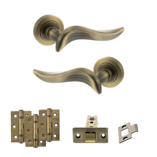 Old English Oxford Door Handle Pack (Latch Set - 3" CE Latch, 3" Fire Rated Hinges x3) - Matt Antique Brass