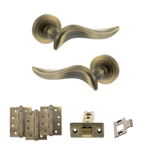 Old English Oxford Door Handle Pack (Latch Set - 2.5" CE Latch, 4" Fire Rated Hinges x3) - Matt Antique Brass