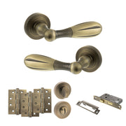 Old English Cambridge Door Handle Pack (Bathroom Set - 3" CE Bathroom Lock, 4" Fire Rated Hinges x3) - Matt Antique Brass