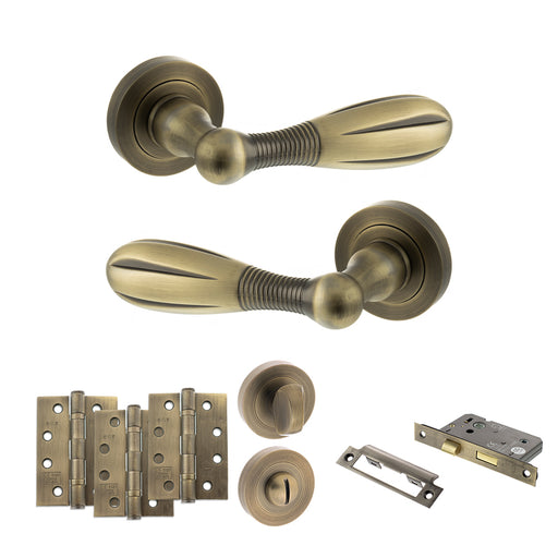 Old English Cambridge Door Handle Pack (Bathroom Set - 3" CE Bathroom Lock, 4" Fire Rated Hinges x3) - Matt Antique Brass