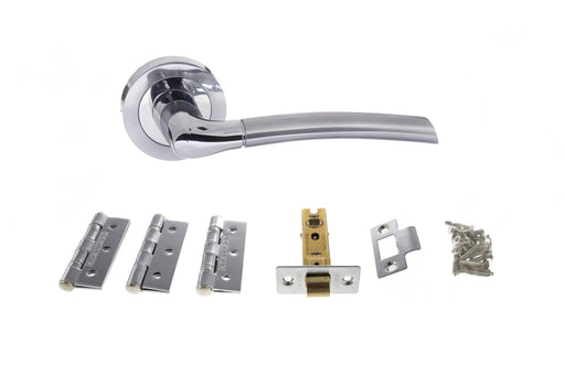 STATUS Indiana Door Handle Pack (Latch Set - 2.5" CE Latch, 3" Fire Rated Hinges x3) - Satin Chrome/Polished Chrome