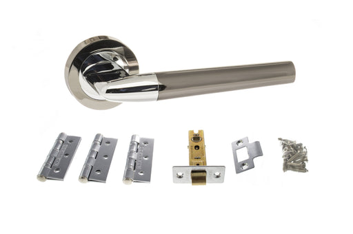 STATUS Tennessee Door Handle Pack (Latch Set - 3" CE Latch, 3" Fire Rated Hinges x3) - Black Nickel/Polished Chrome