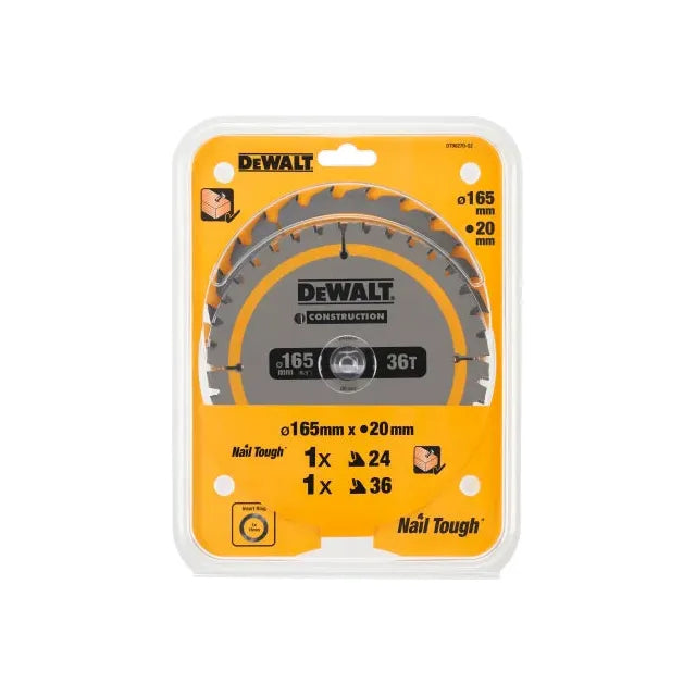 Dewalt Power Tools DT90270 Construction Circular Saw Blade 2 Pack 165 x 20mm x 24T/36T DeWALT Power Tools - RockBottom Northampton