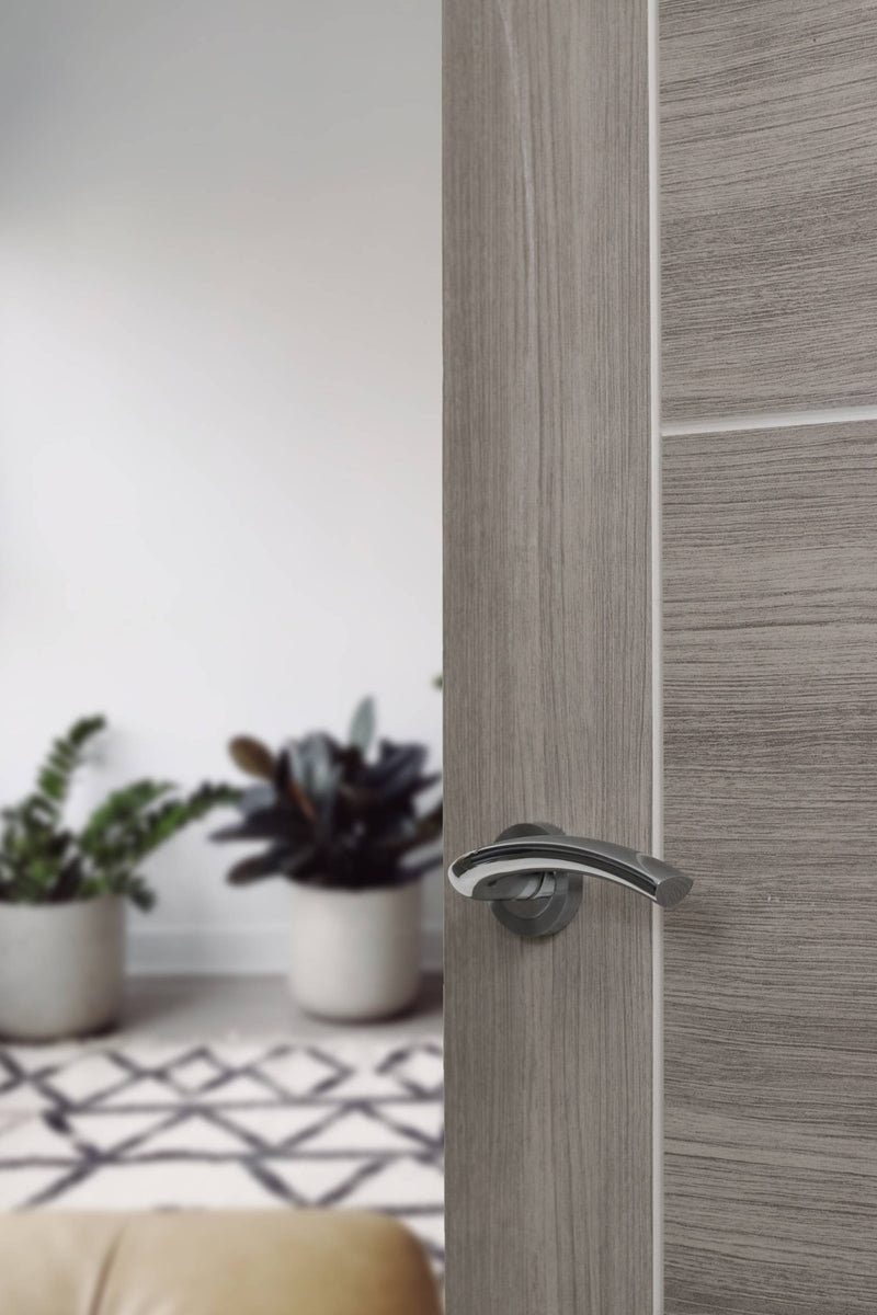 Eco Crest Door Handle Pack (Latch Set - 3" CE Latch, 4" Fire Rated Hinges x3) - Satin Chrome/Polished Chrome