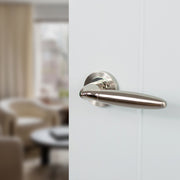 Mediterranean Gibraltar Lever Door Handle on Round Rose - Satin Nickel/Polished Nickel
