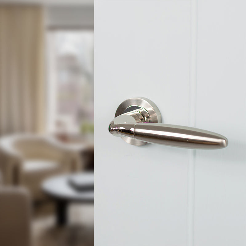 Mediterranean Gibraltar Lever Door Handle on Round Rose - Satin Nickel/Polished Nickel
