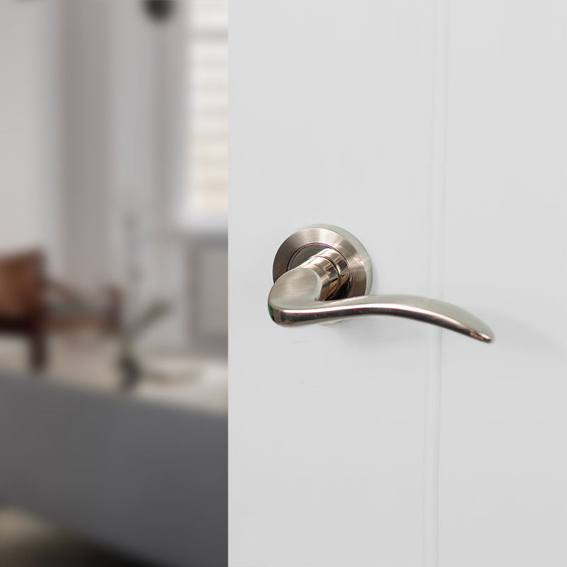 Mediterranean Valencia Lever Door Handle on Round Rose - Satin Nickel/Polished Nickel