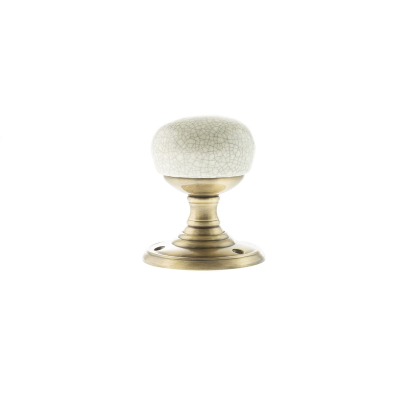 Old English Skipton Porcelain Cream Crackle Door Knob on Face Fix Rose - Antique Brass