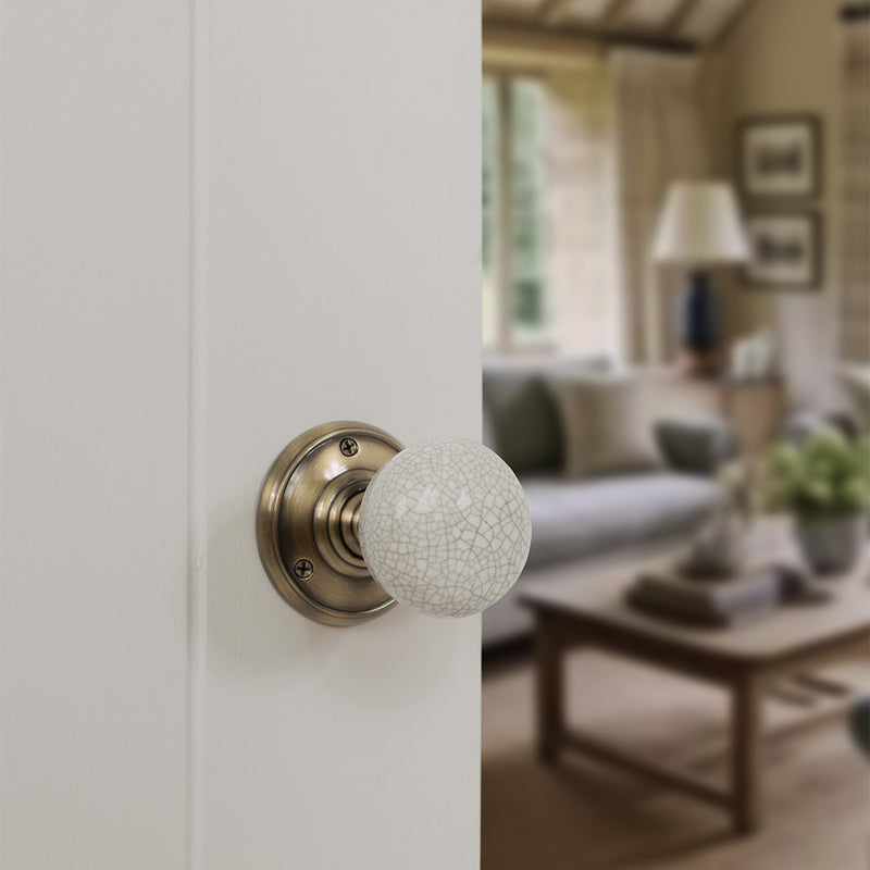 Old English Skipton Porcelain Cream Crackle Door Knob on Face Fix Rose - Antique Brass