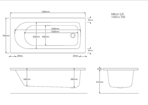 Nova 1500mm x 700mm Single Ended Bath
