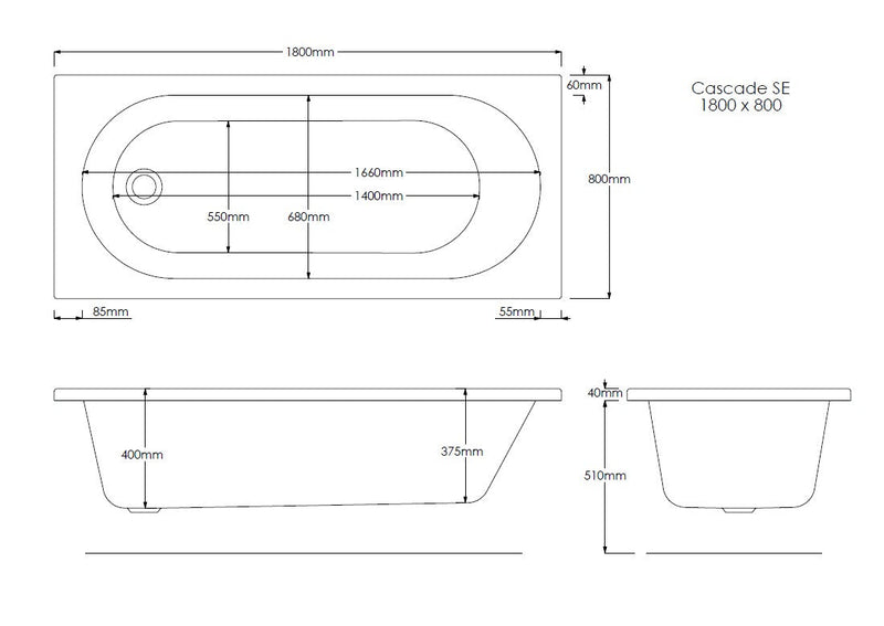 Excel 1800mm x 800mm Single Ended Bath