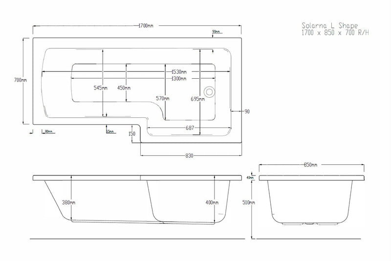 Tide 1700mm x 850mm Right Handed L Shaped Bath