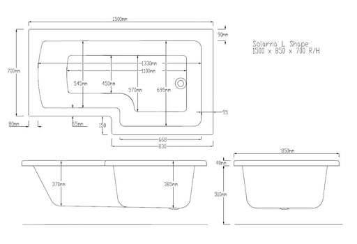 Tide 1500mm x 850mm Right Handed L Shaped Bath