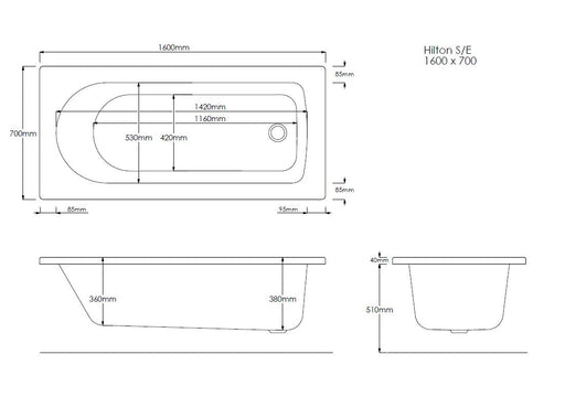 Nova Geode 1600mm x 700mm Single Ended Bath