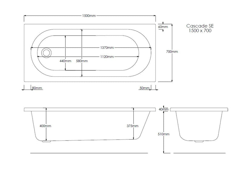 Excel Geode 1500mm x 700mm Single Ended Bath