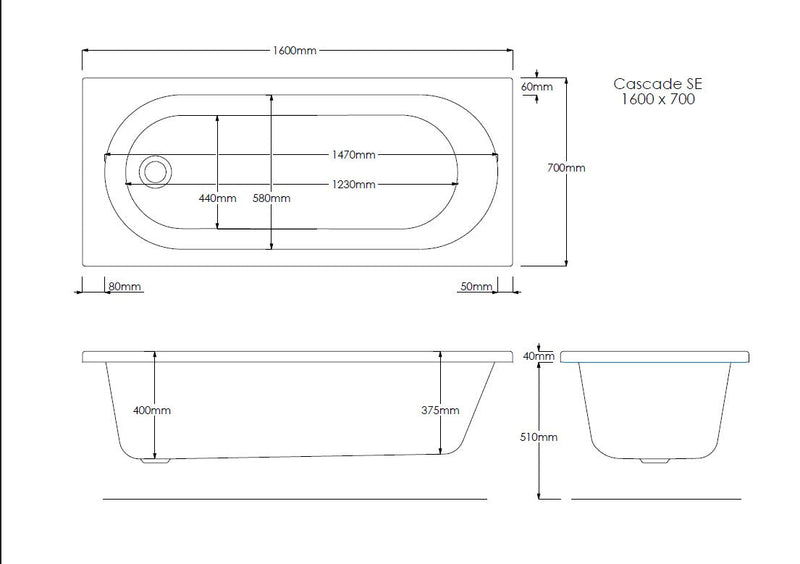 Excel Geode 1600mm x 700mm Single Ended Bath