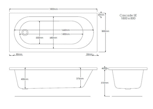 Excel Geode 1800mm x 800mm Single Ended Bath