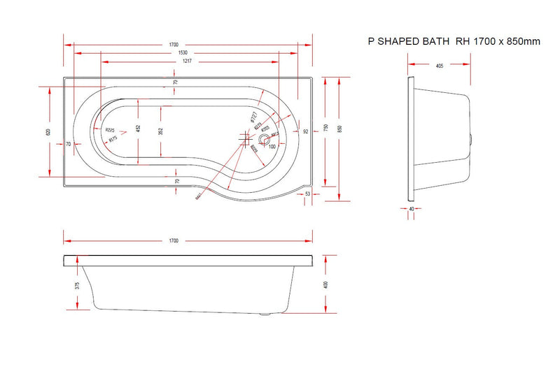 Sage Geode 1700mm x 850mm Right Handed P Shaped Bath