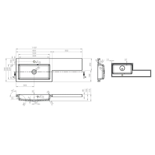 Kingsford 1100mm x 390mm 1 Tap Hole Left Handed L Shape Mineralcast Basin - White