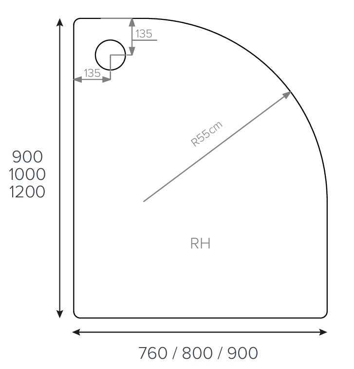 ALPHA RH 1000MM X 800MM QUADRANT ANTI-SLIP SHOWER TRAY TRAY 550MM RADIUS