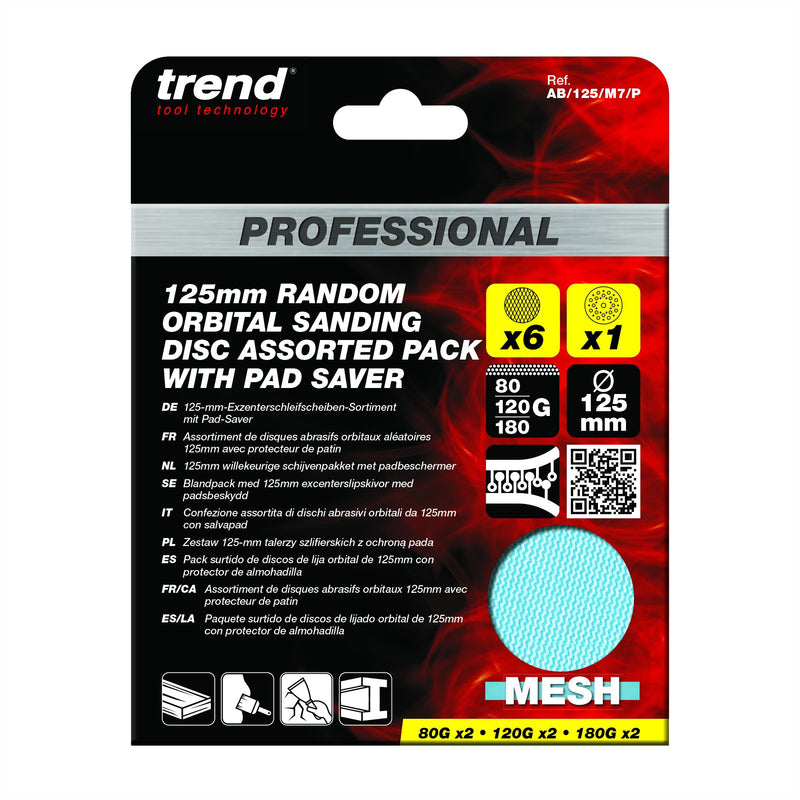 AB/125/M7/P - 125mm 80G/120G/180G Pro Mesh Sanding Discs with Pad Saver, 7 Pack