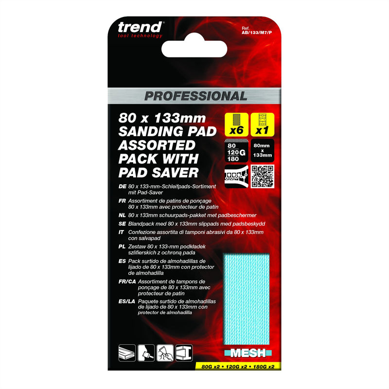 AB/133/M7/P - 80 x 133mm 80G/120G/180G Pro Mesh Sanding Pads with Pad Saver, 7 Pack