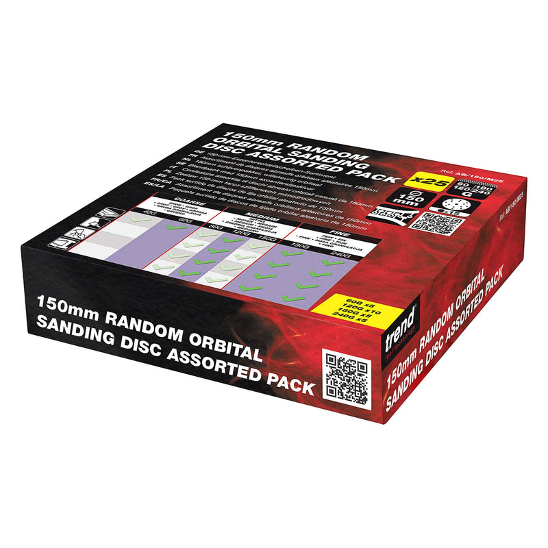 AB/150/M25 - 150mm 60G/120G/180G/240G Random Orbital Sanding Disc, 25 Pack