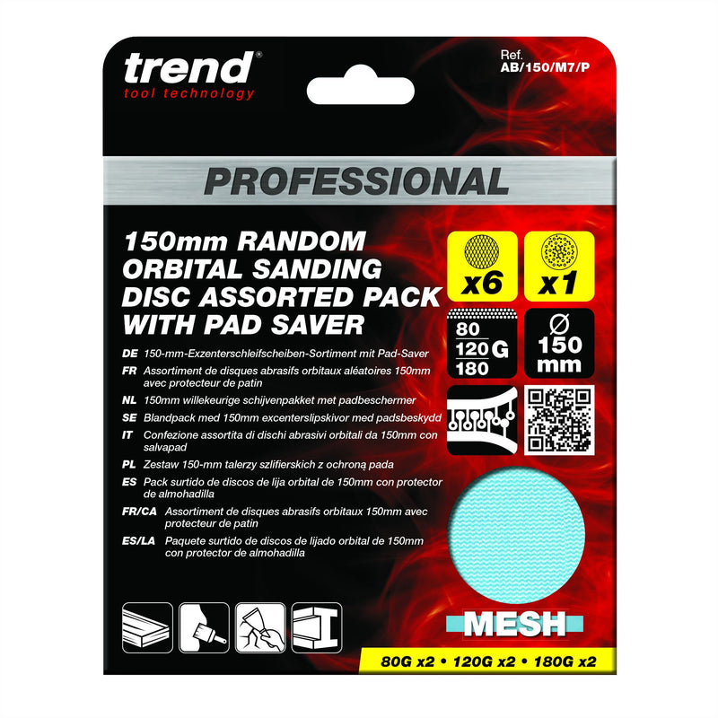 AB/150/M7/P - 150mm 80G/120G/180G Pro Mesh Sanding Discs with Pad Saver, 7 Pack